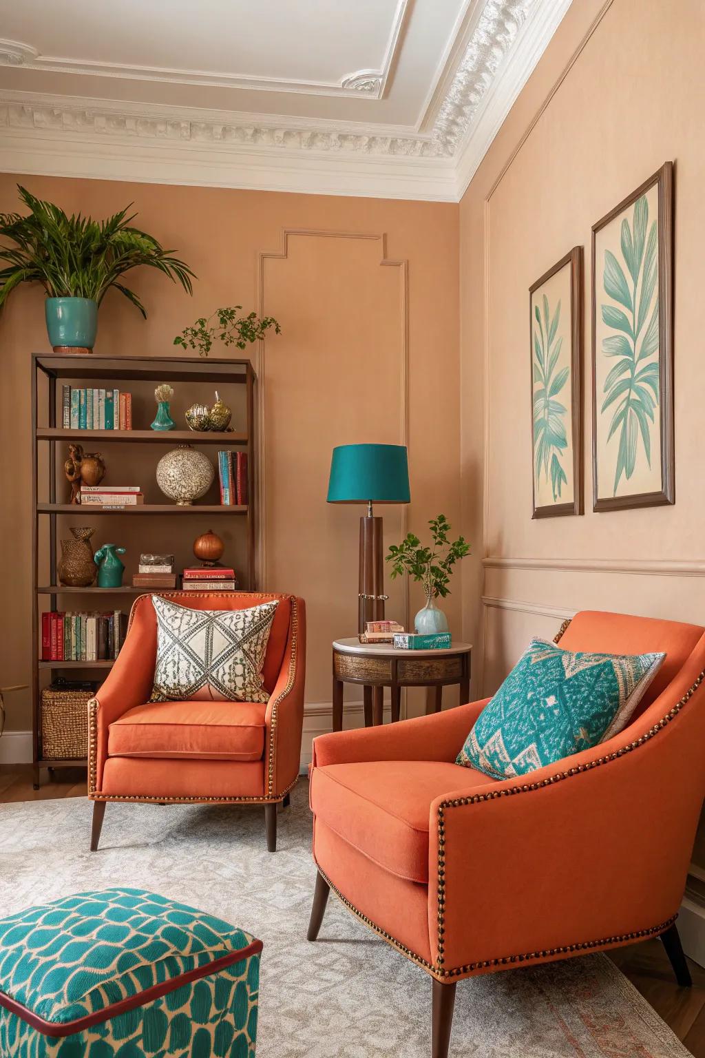 Striking accents inject a vibrant touch into the area.