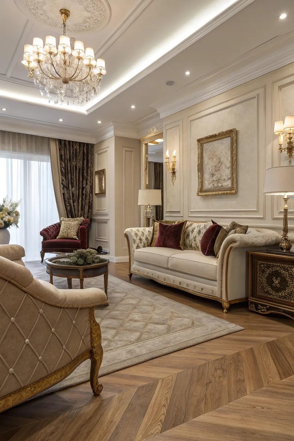 Light tone flooring adds elegance to this sophisticated living room.