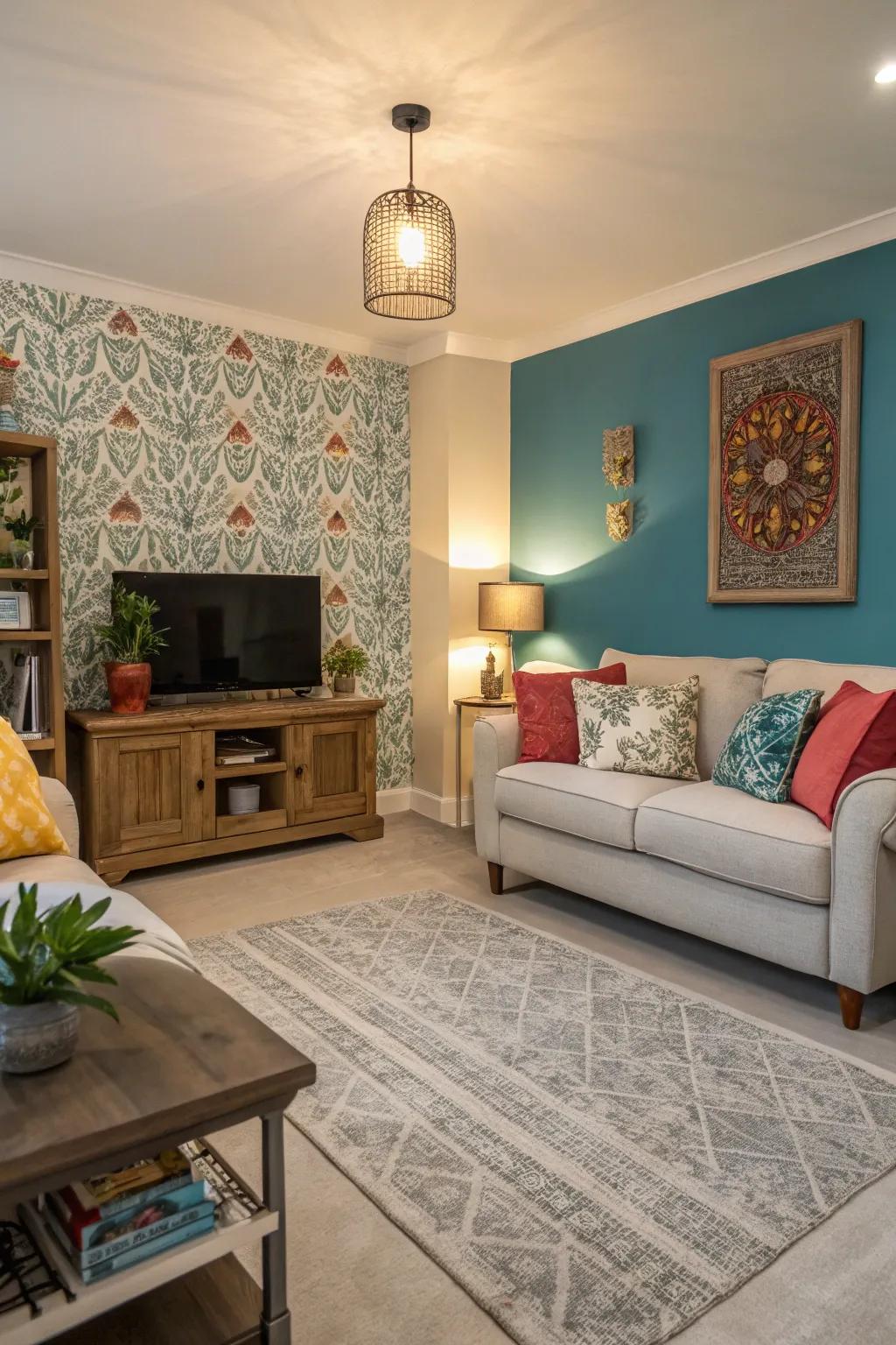 A vibrant living room featuring light grey flooring and a striking accent wall.