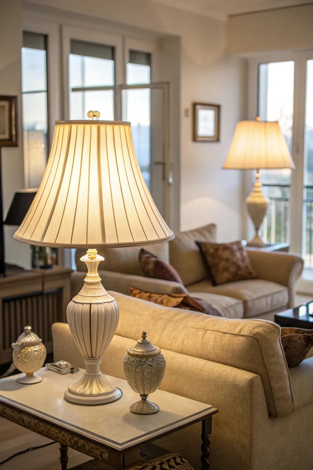 Light-colored lampshades help maximize brightness and create an airy feel.