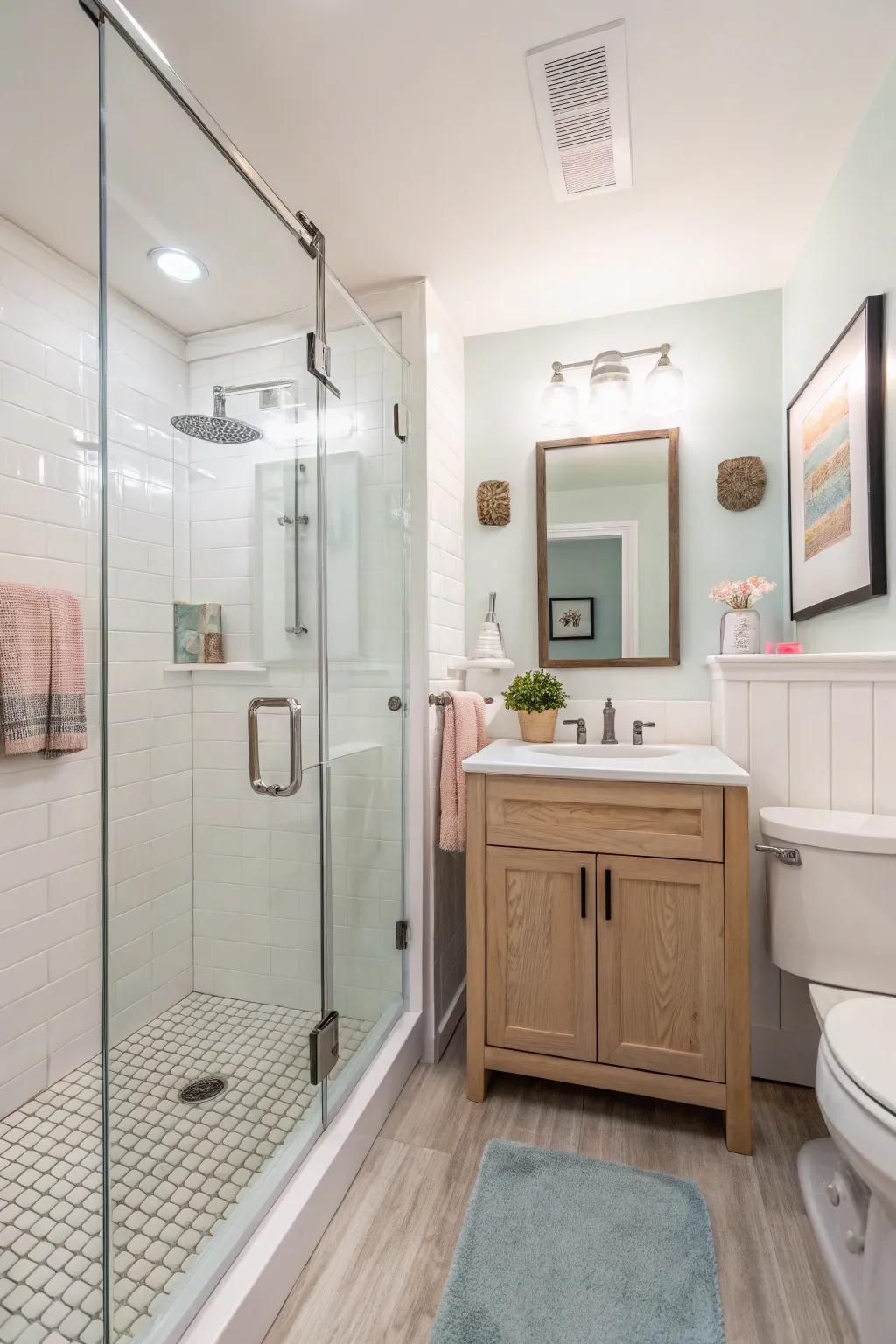 A walk-in shower that optimizes space in a compact bathroom.