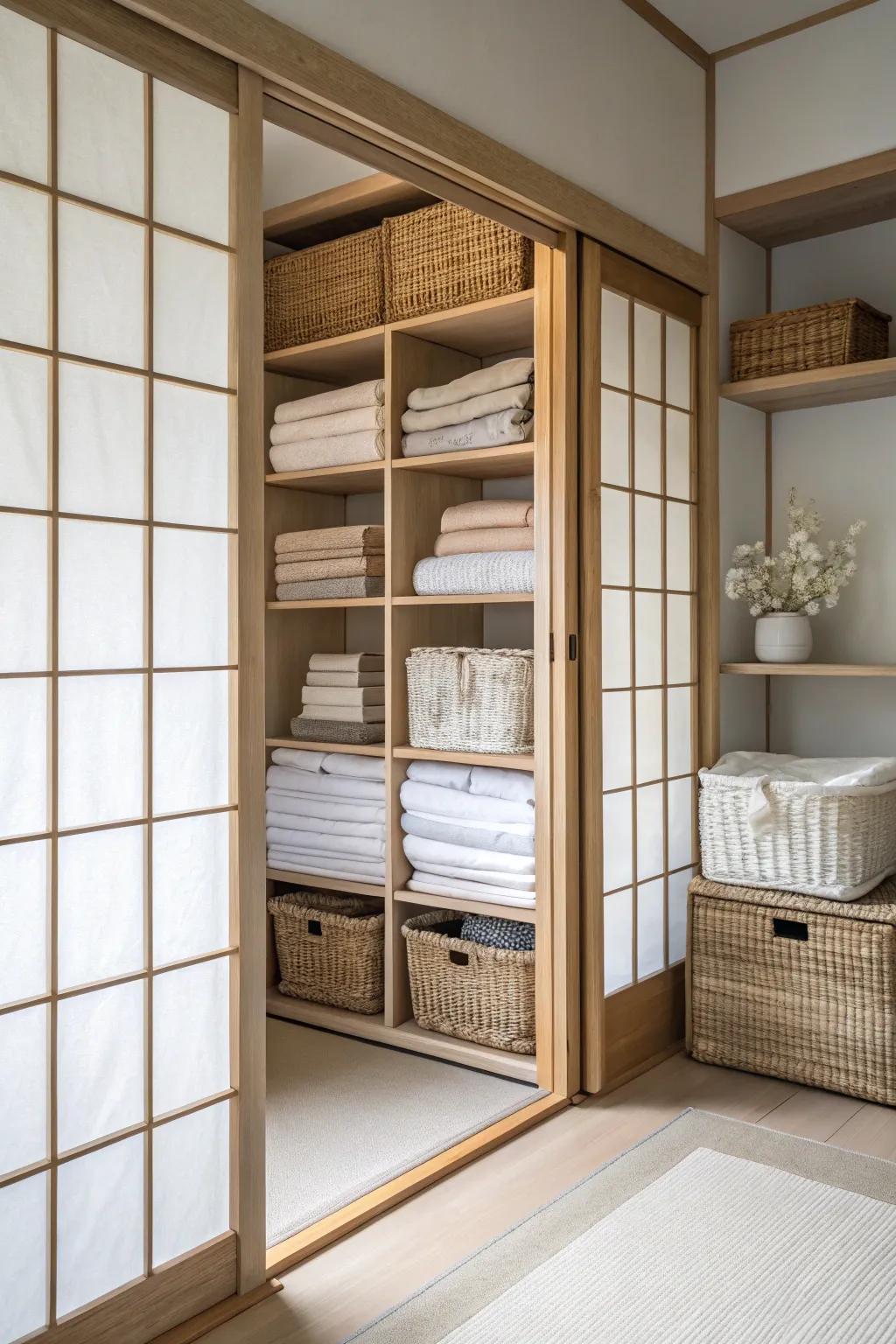 Gliding paper screens delivering beauty and tranquility to a linen storage.