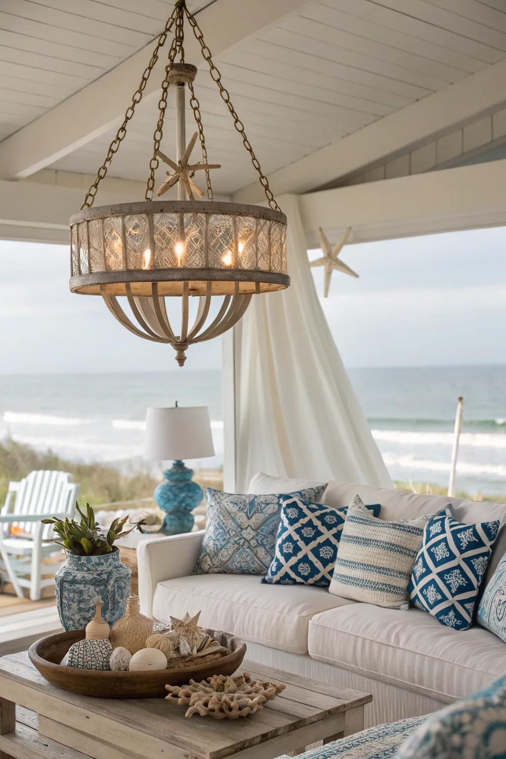 A coastal living room showcasing a marine-themed chandelier.