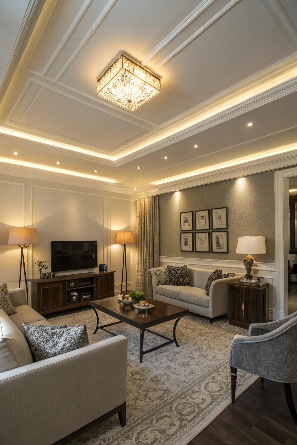 Contrasting ceiling and crown molding for visual interest.