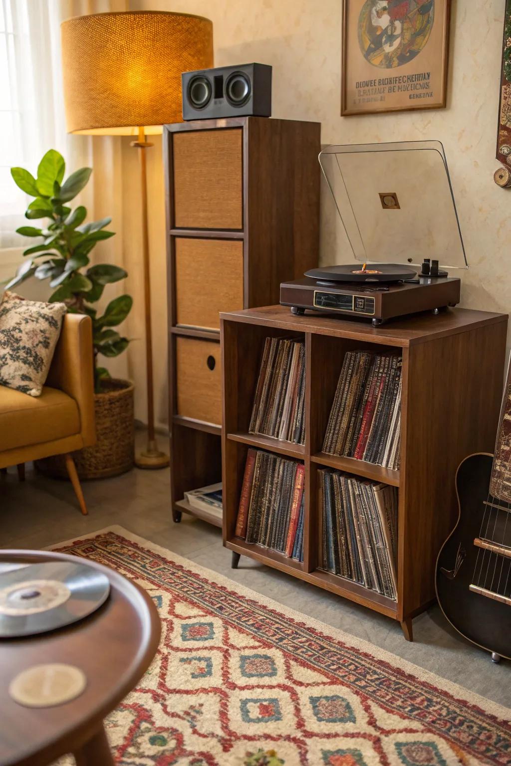 A vintage vinyl haven using cube storage for a nostalgic vibe.