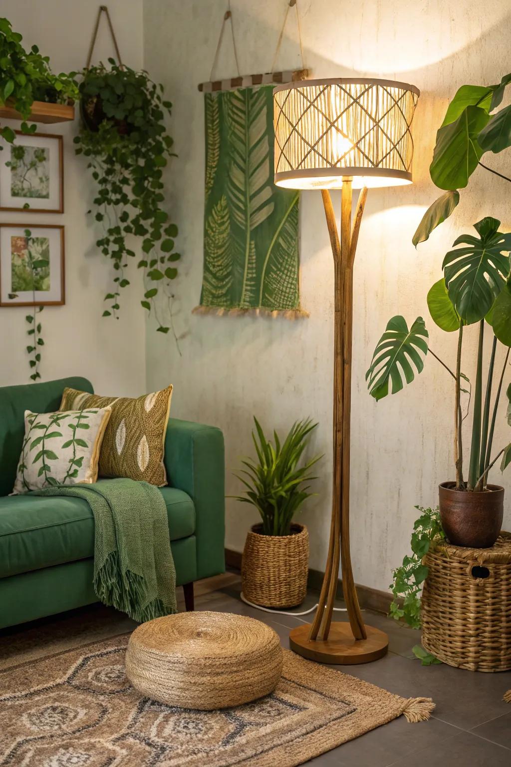 An earth-friendly living room with a sustainable floor lamp.