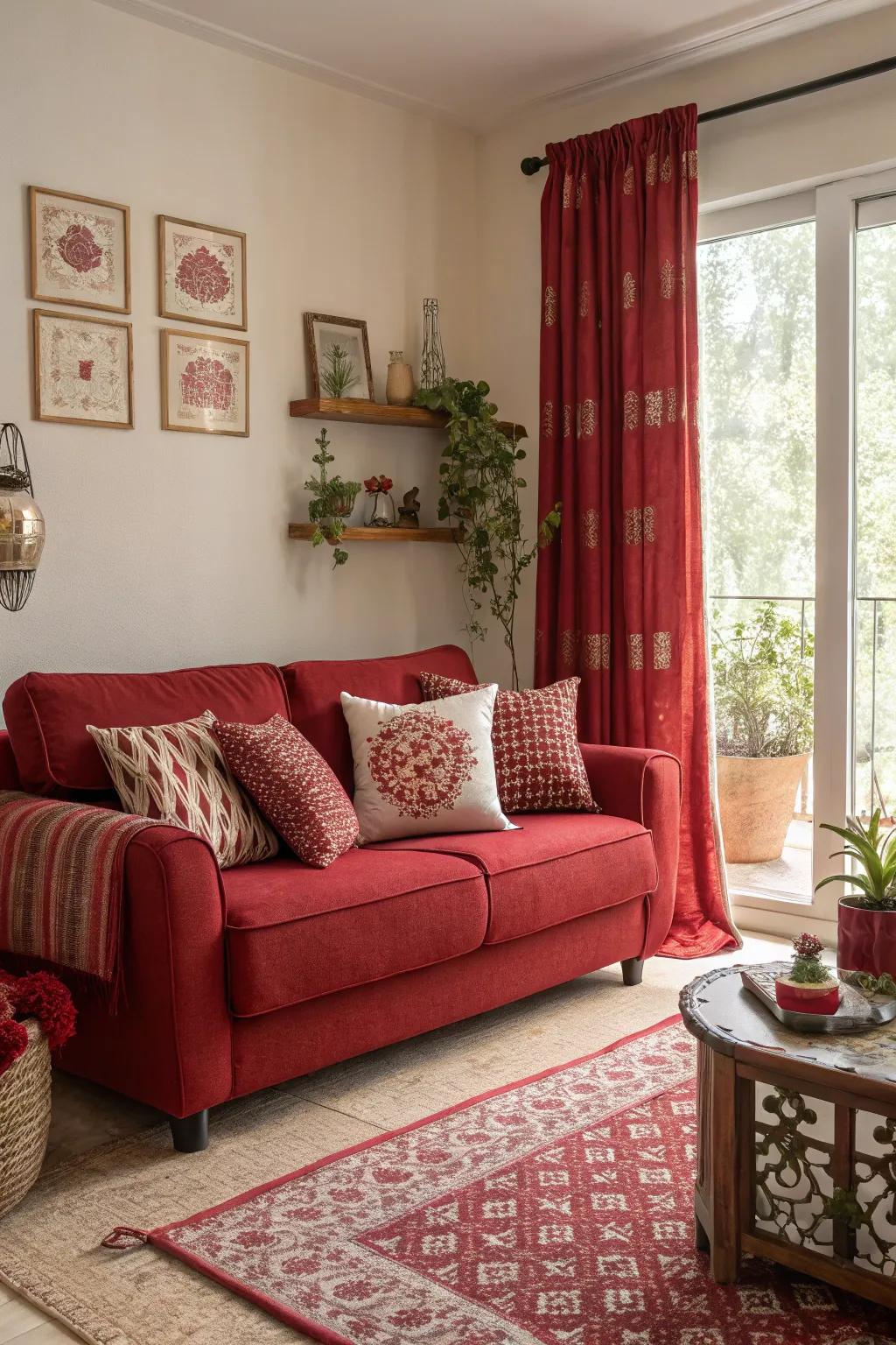 For a daring and cohesive look, a monochromatic red scheme ties the room together.