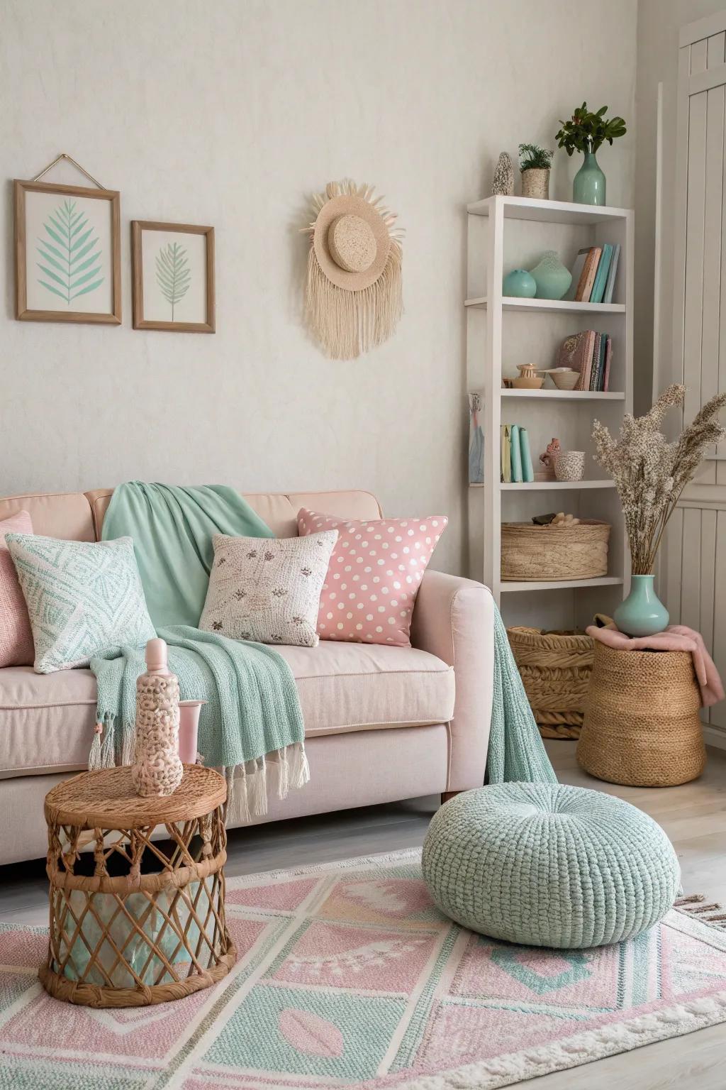 Soft accents bring a tender and inviting sensation to the family room.