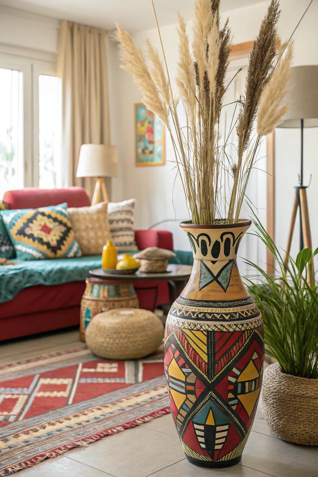Cultural designs on a floor vase infuse a living area with worldwide flair.