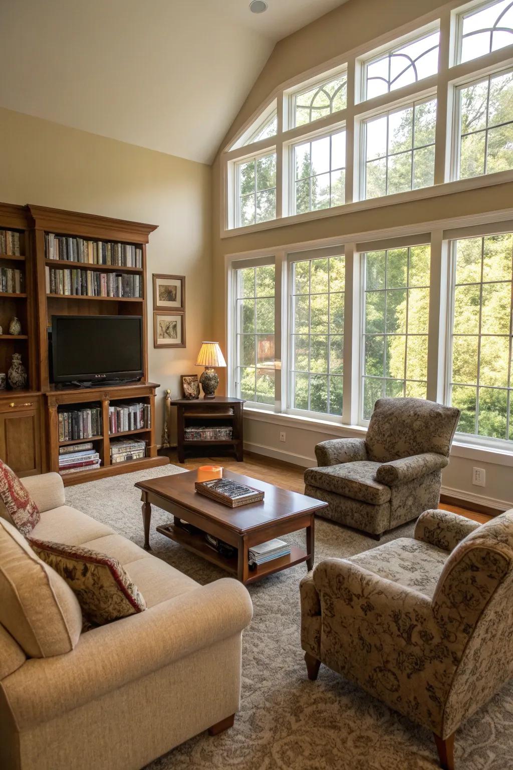 A bright lounge with seating designed to capture sunlight.