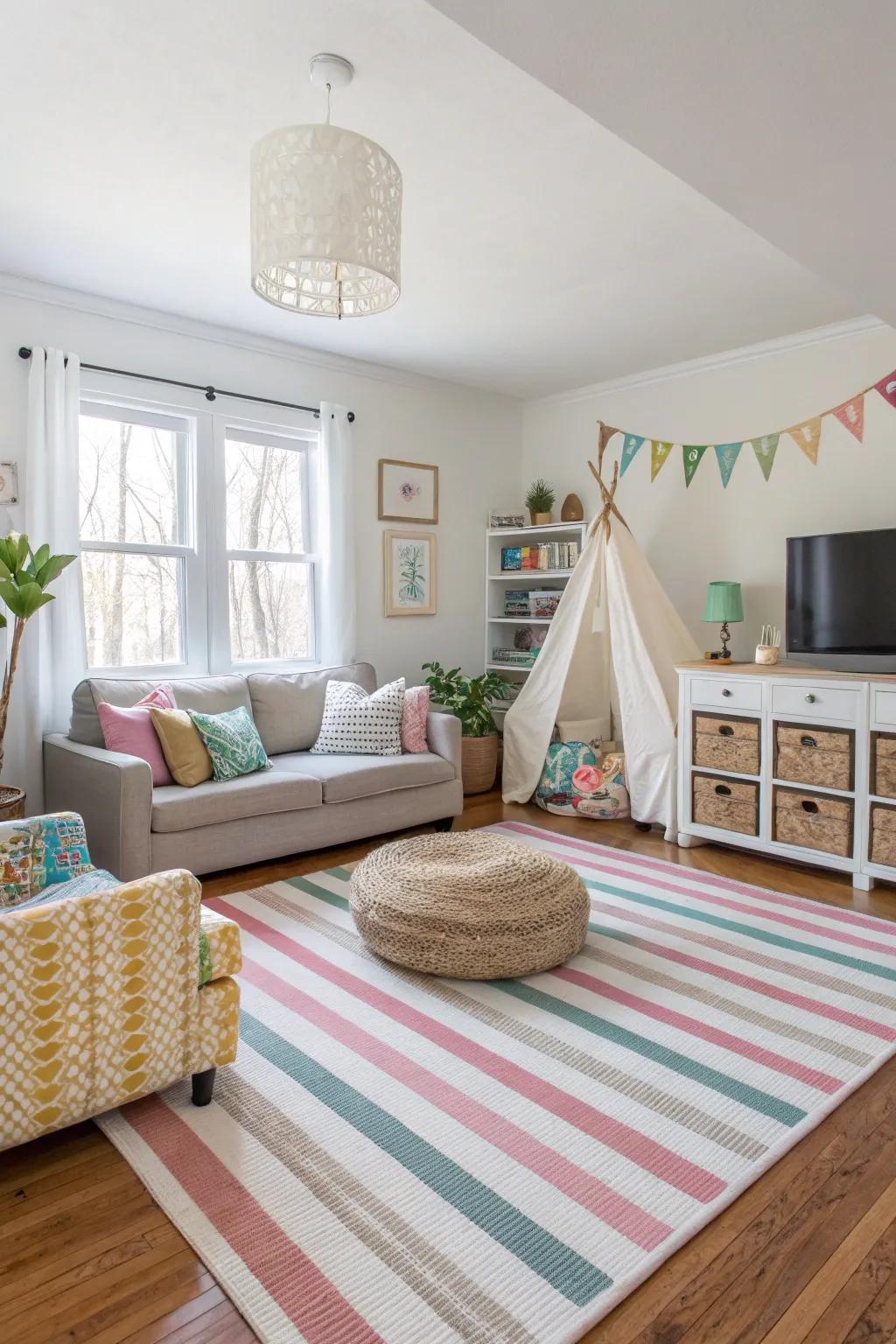 Striped rugs play visual tricks while adding charm and character.