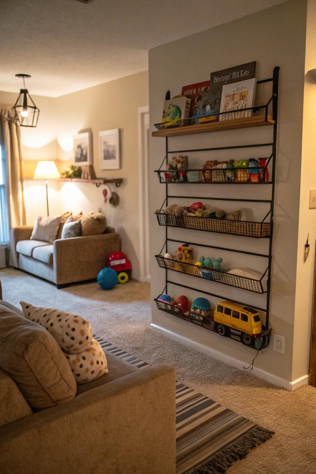 Racks on the wall keep toys off the floor.