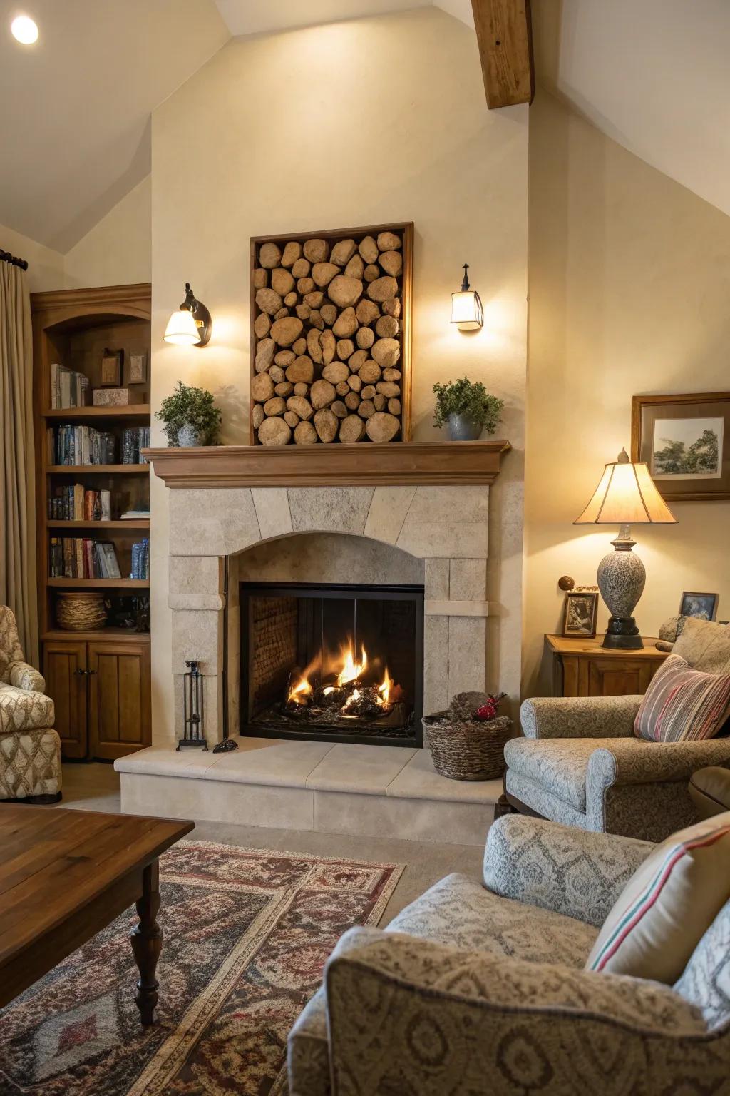 A living room showcasing a stylish firewood niche next to the fireplace.