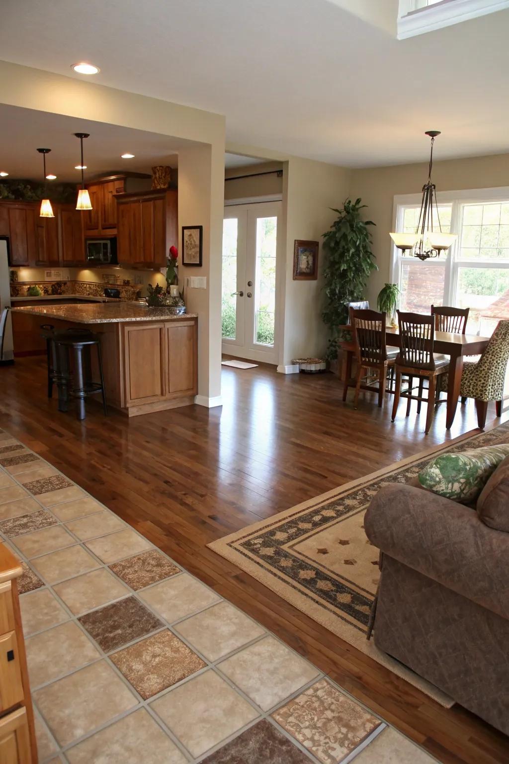 Zoned flooring plan subtly marks distinct areas within the space.