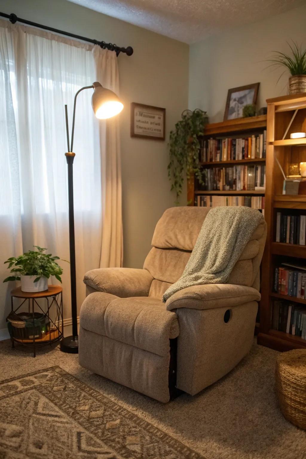 A well-lit recliner corner perfect for reading and relaxing.