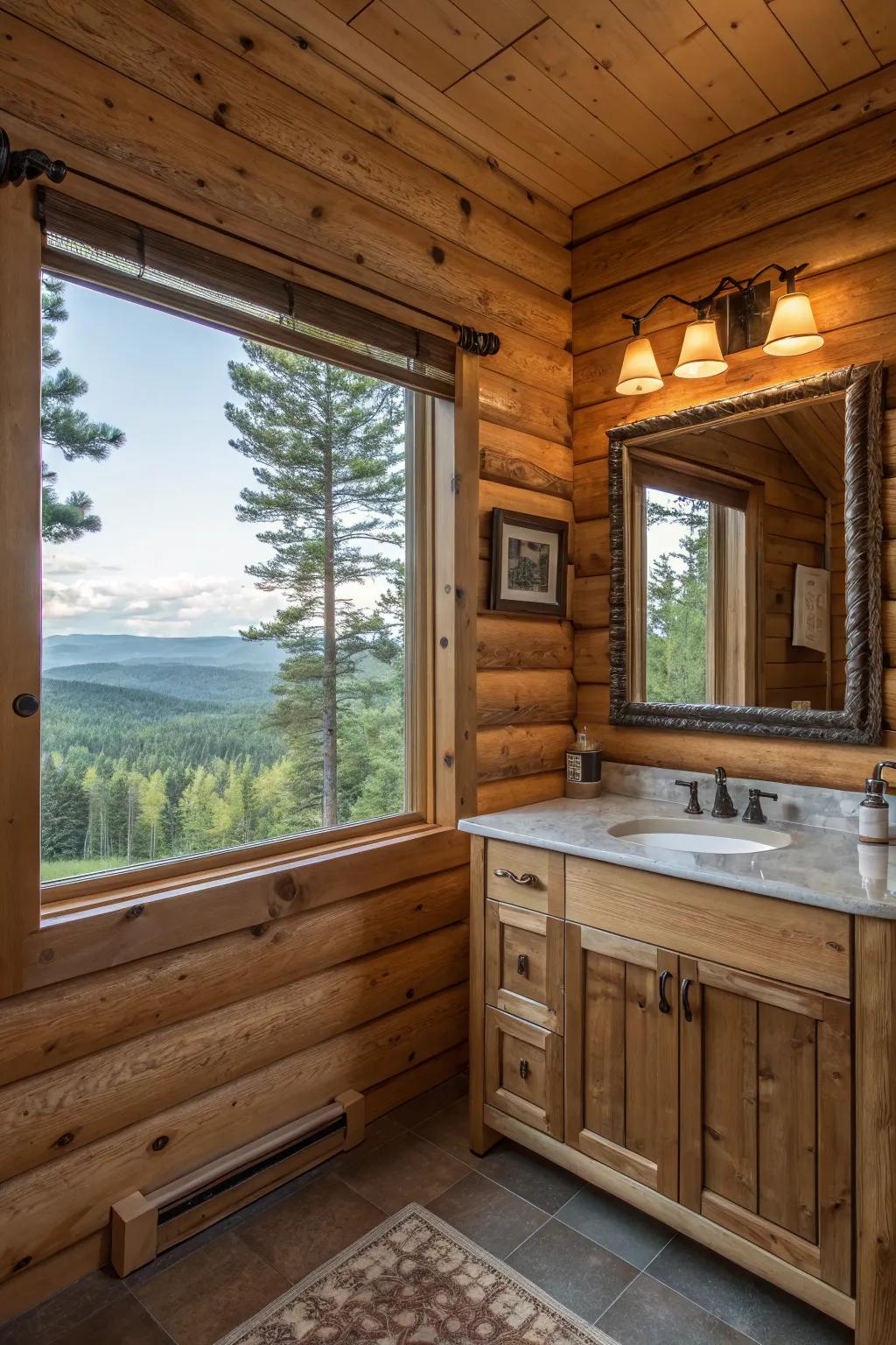 A log cabin bathroom with a big window offering beautiful scenery.