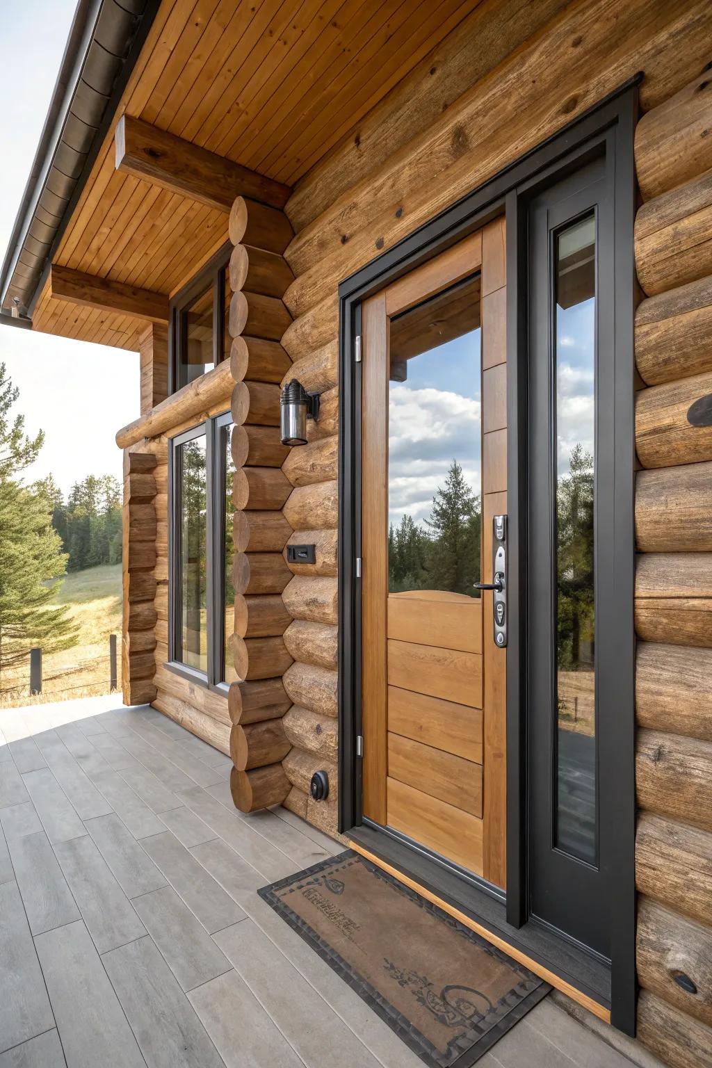 A cabin door uniting contemporary and countryside elements.
