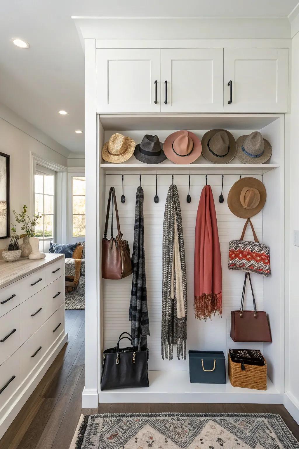 Hooks are an effective accessory organizer.