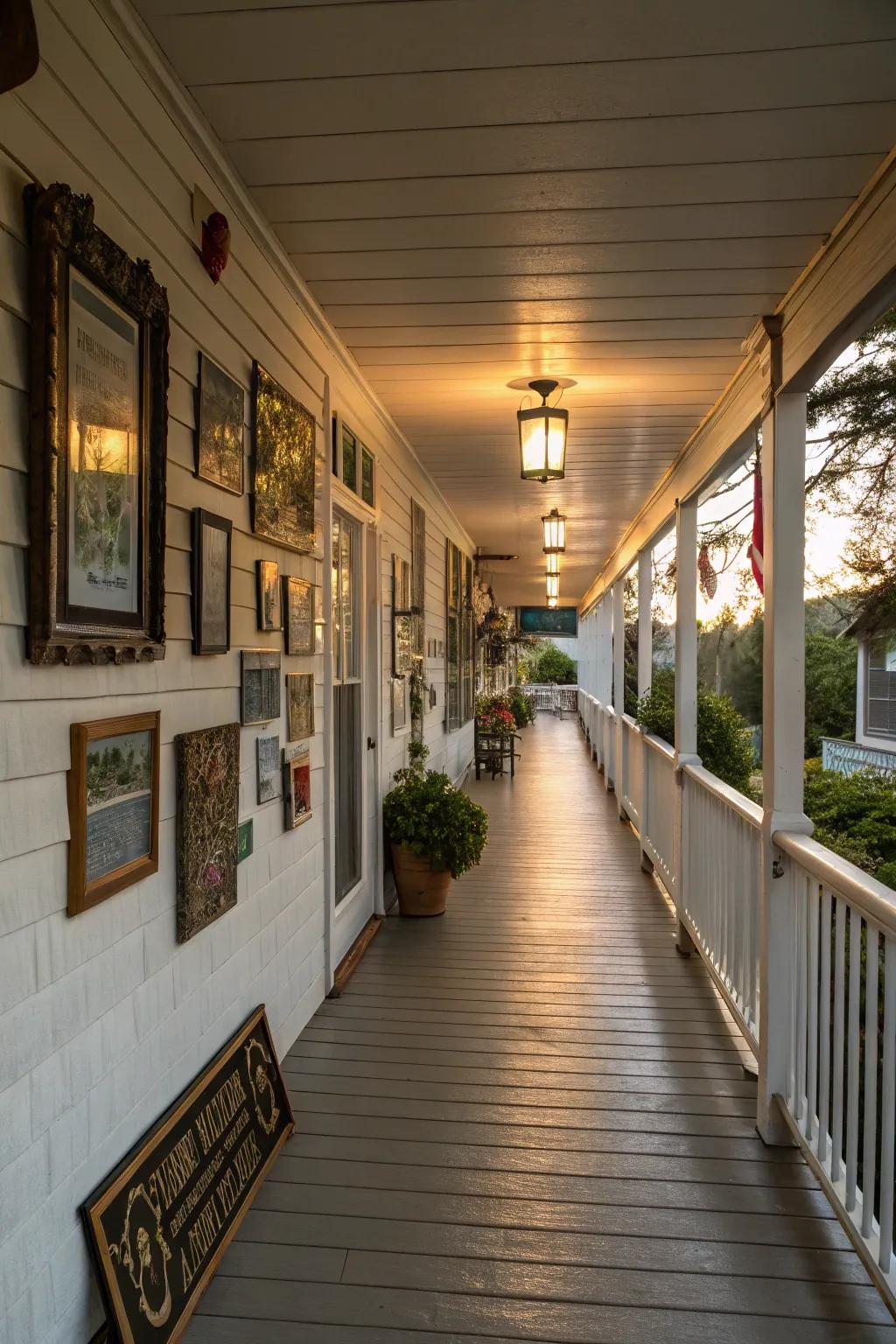 Artwork adds visual interest and tells a story on a porch.