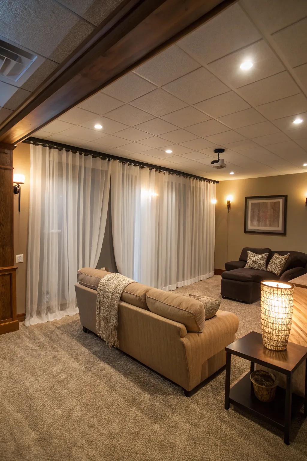 Tall drapes incorporate height and beauty to basement windows.