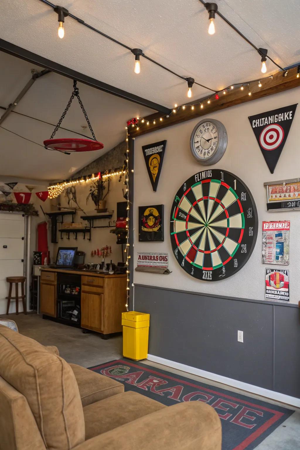 A dartboard invites friendly without cost.