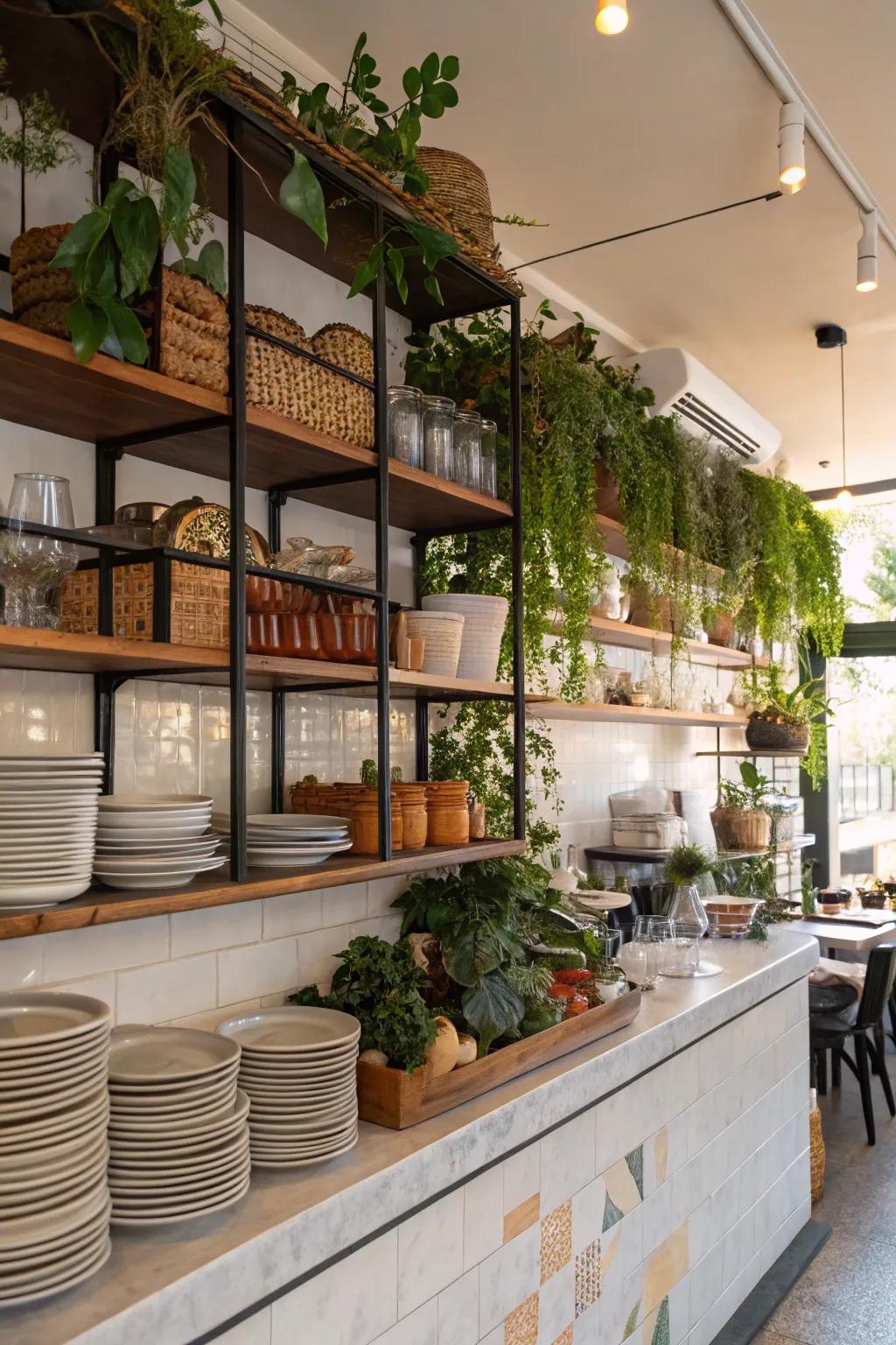 Exposed shelving combines decor with practicality.