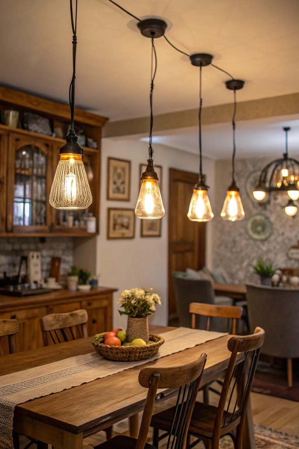 Small hanging lights are clustered in a dining space.