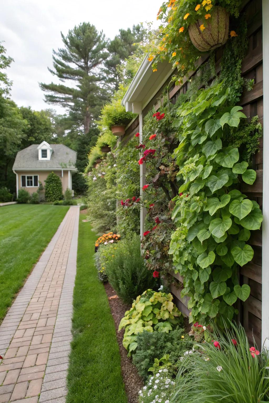 A vertical garden turning a simple wall into living art.