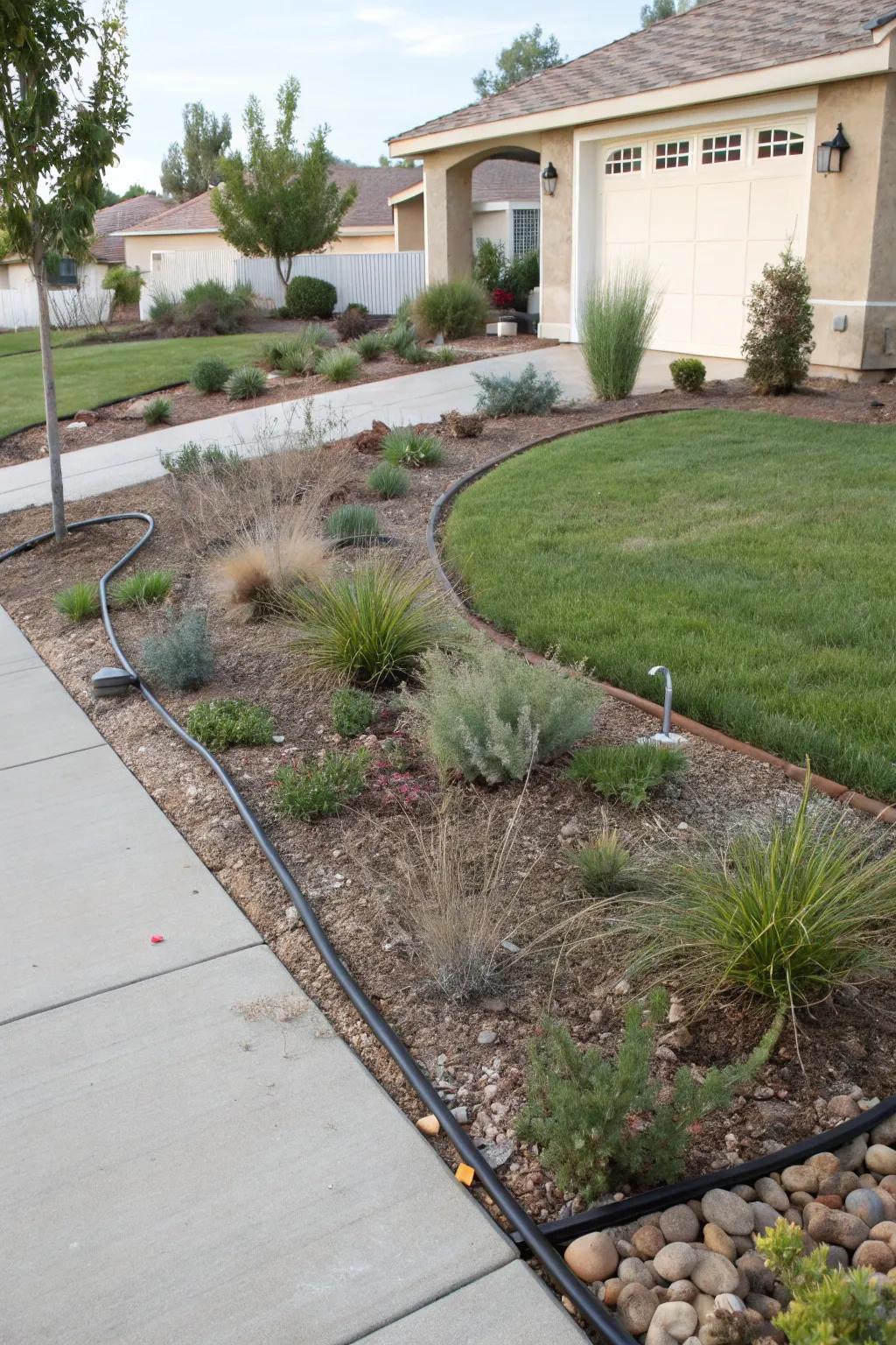 Drip irrigation ensures efficient watering in a xeriscape yard.