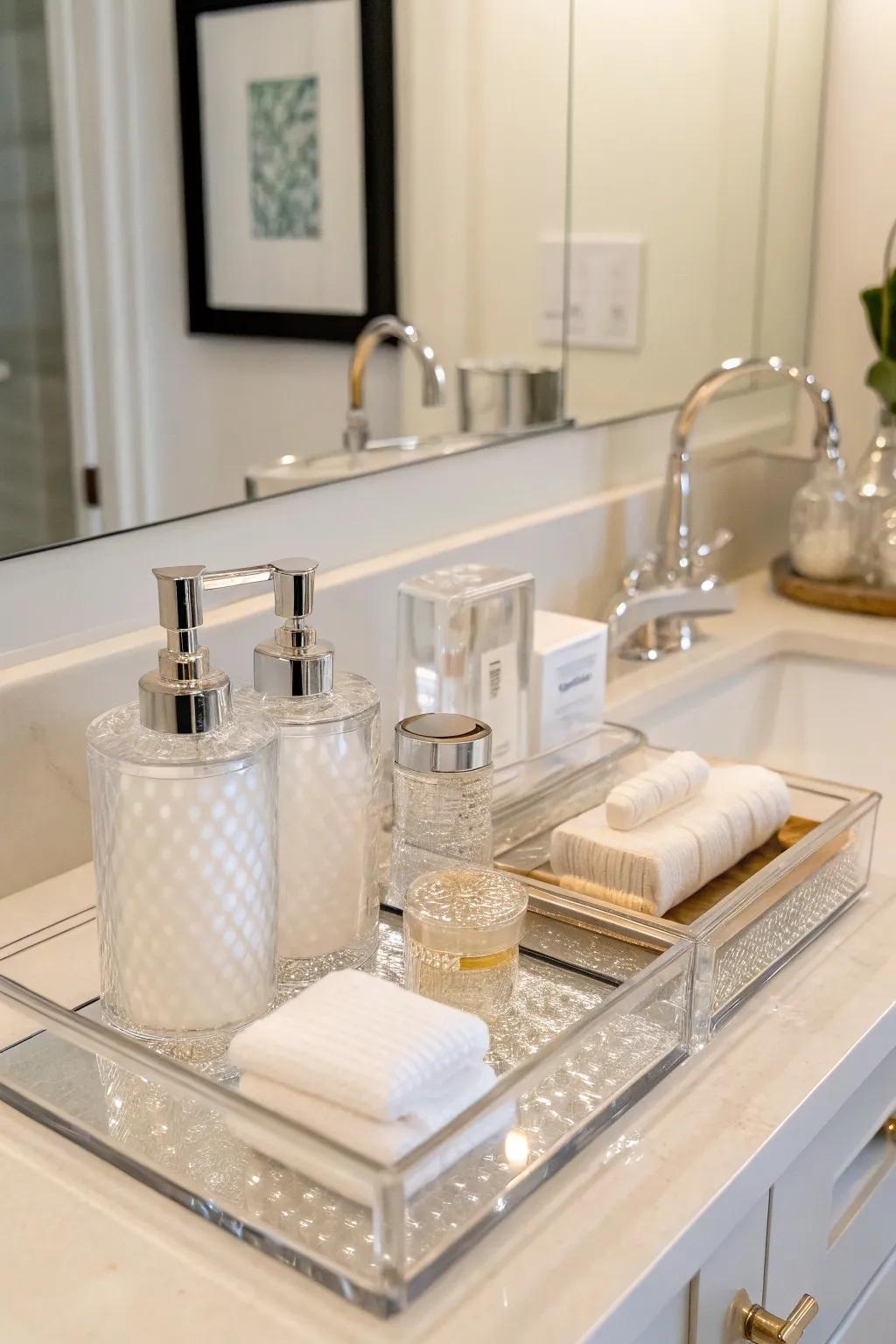 Crystal accessories elevate bathroom decor.