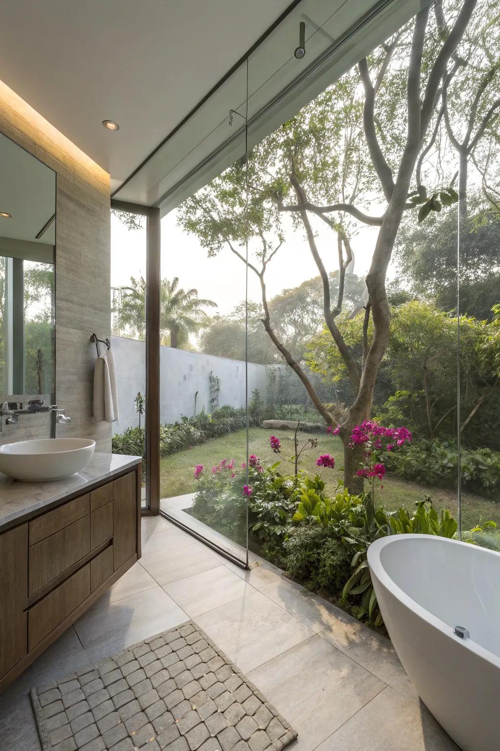 A bathroom featuring a glass pane connecting to nature.