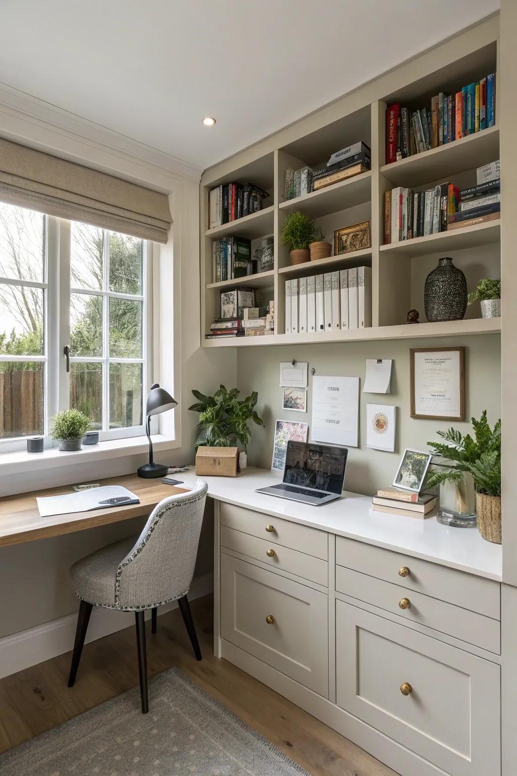 A well-organized home office utilizing smart storage solutions.