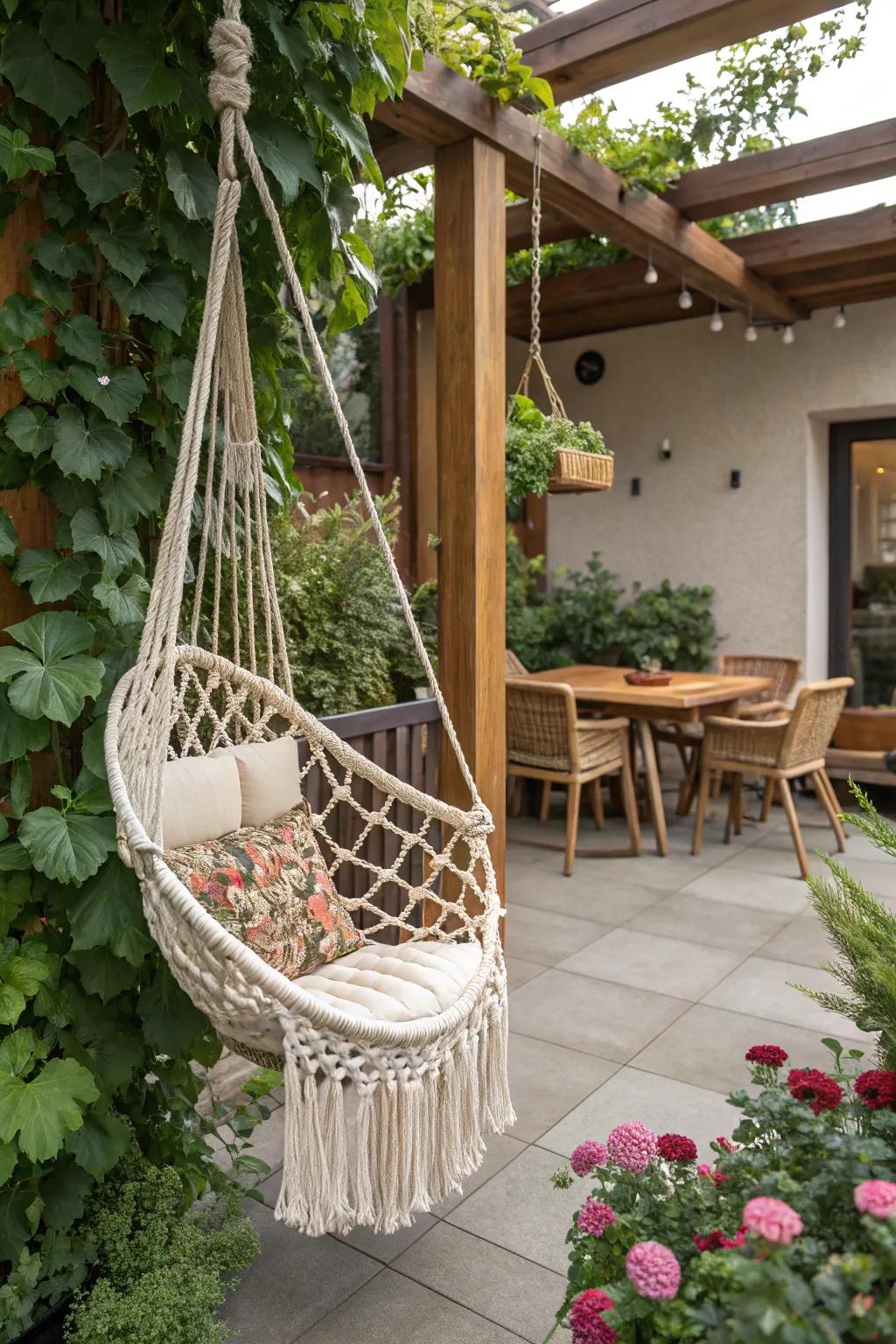 A macrame swing chair delivering playful seating.
