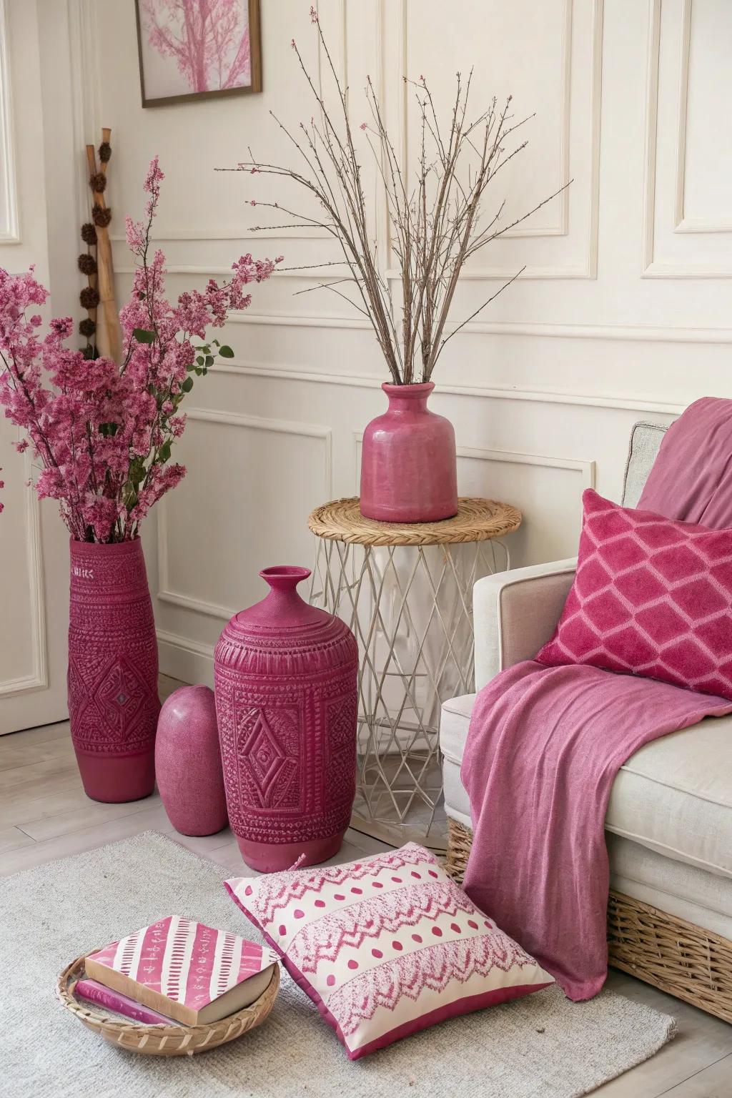 Magenta accessories add vibrant pops of color to this stylish room.