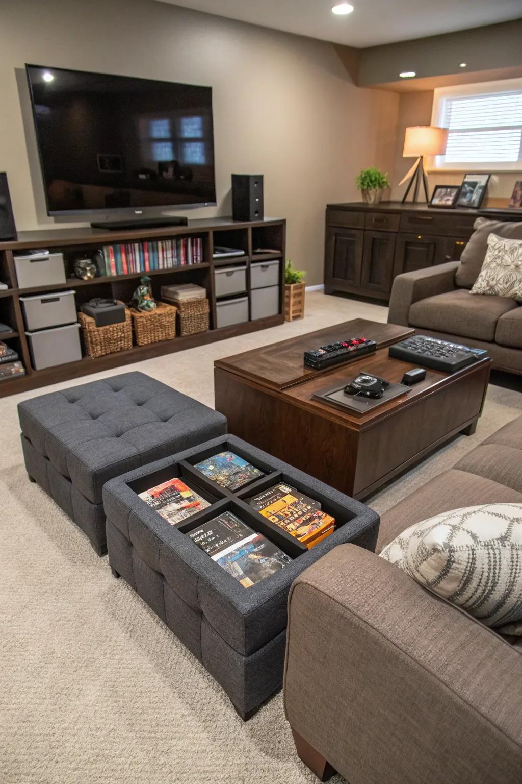 Hidden storage solutions with ottomans and coffee tables.