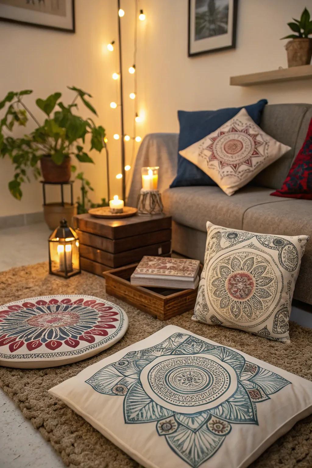 Small sacred geometry designs adding charm as touches in a lounge.