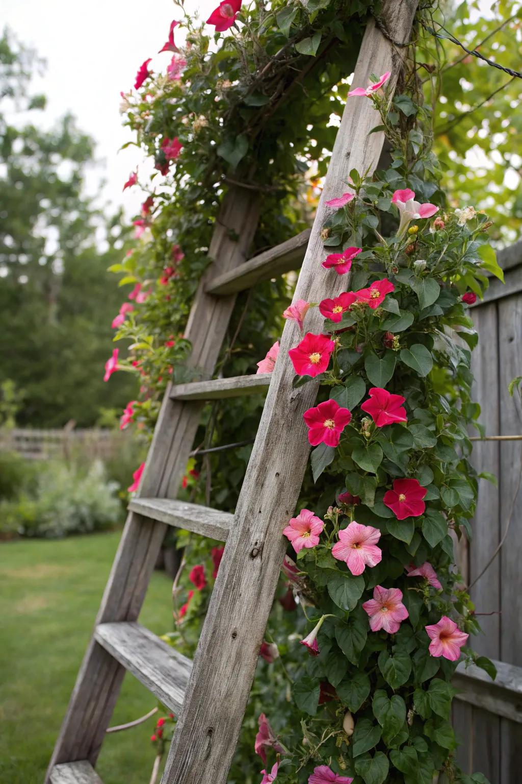 A repurposed ladder serves as a rustic trellis for blossoming mandevilla.