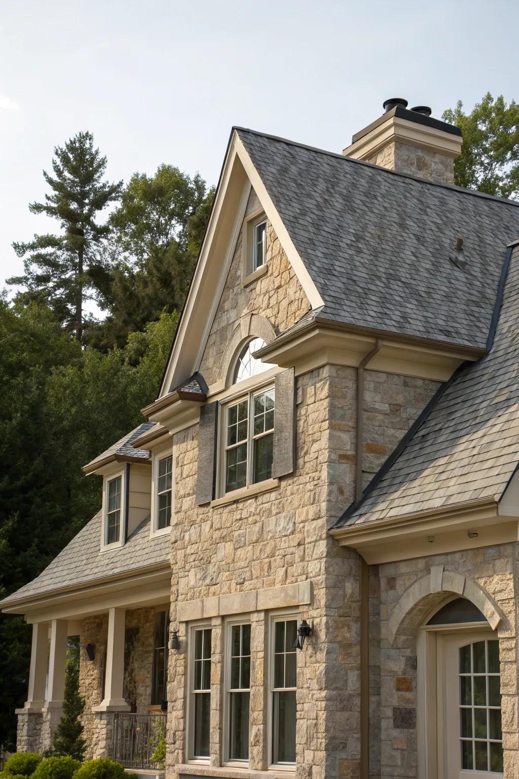 Natural stone accents provide timeless elegance to this mansard roof.