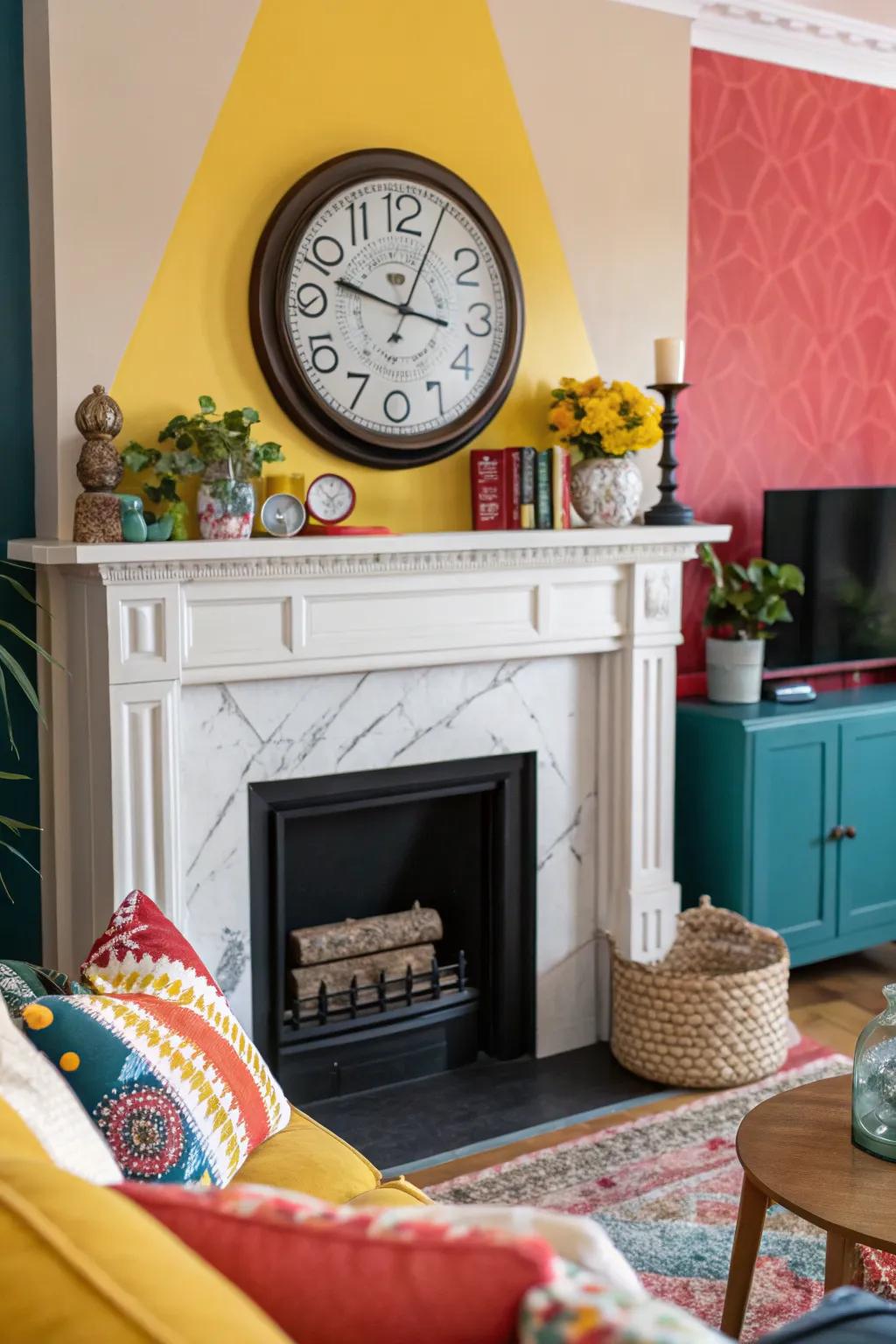 A colorful mantel with contrasting décor that highlights the clock.