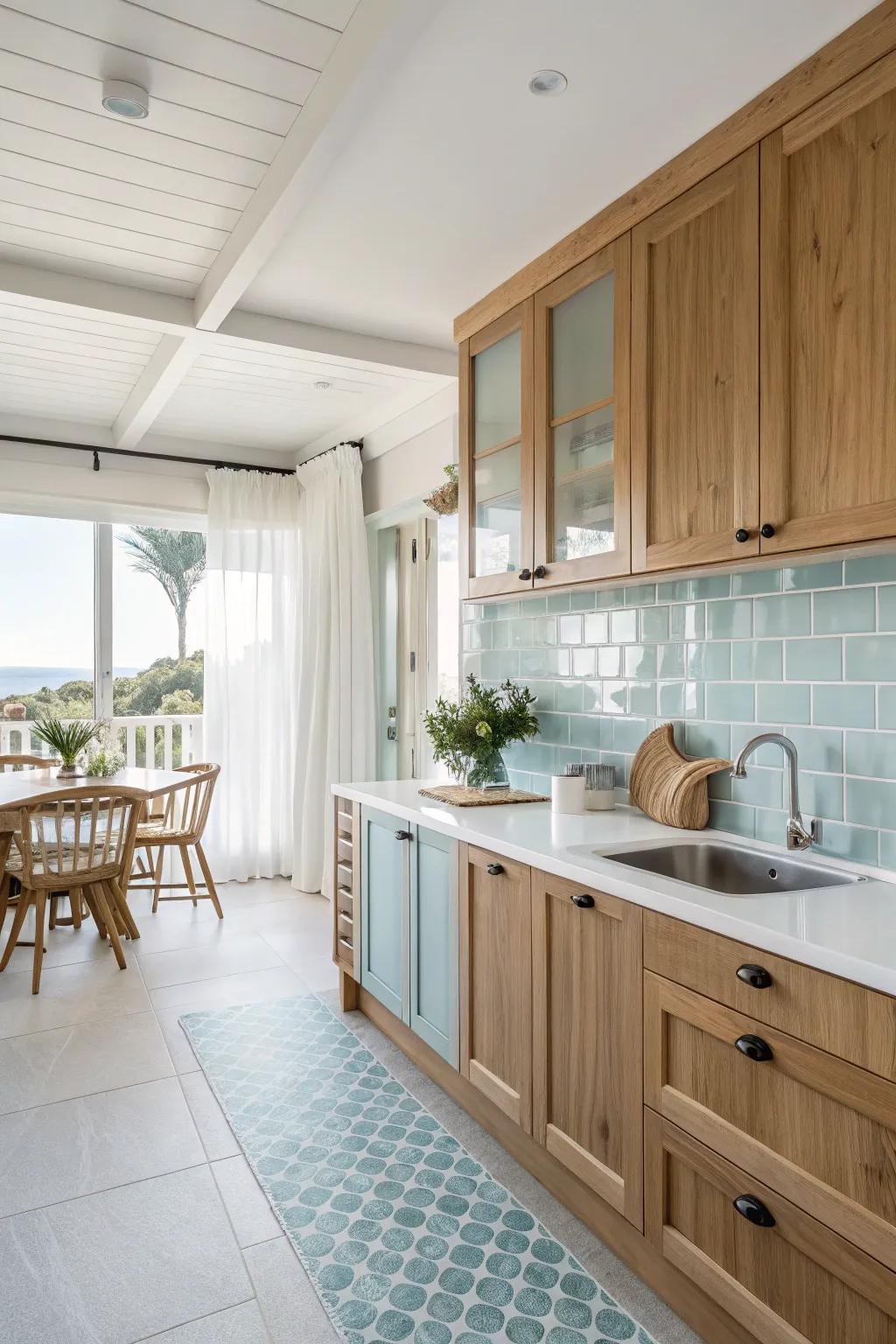 A coastal-inspired cooking space with maple cabinets fashioning an invigorating atmosphere.