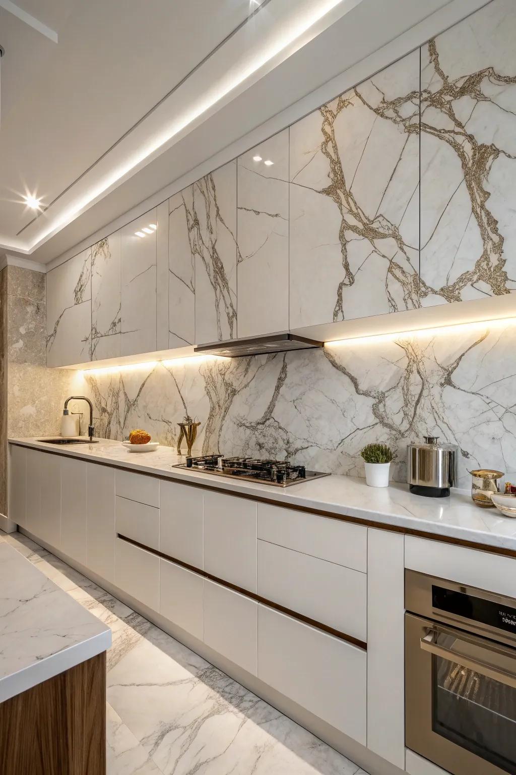 An artistic and seamless vein-matched marble backsplash.