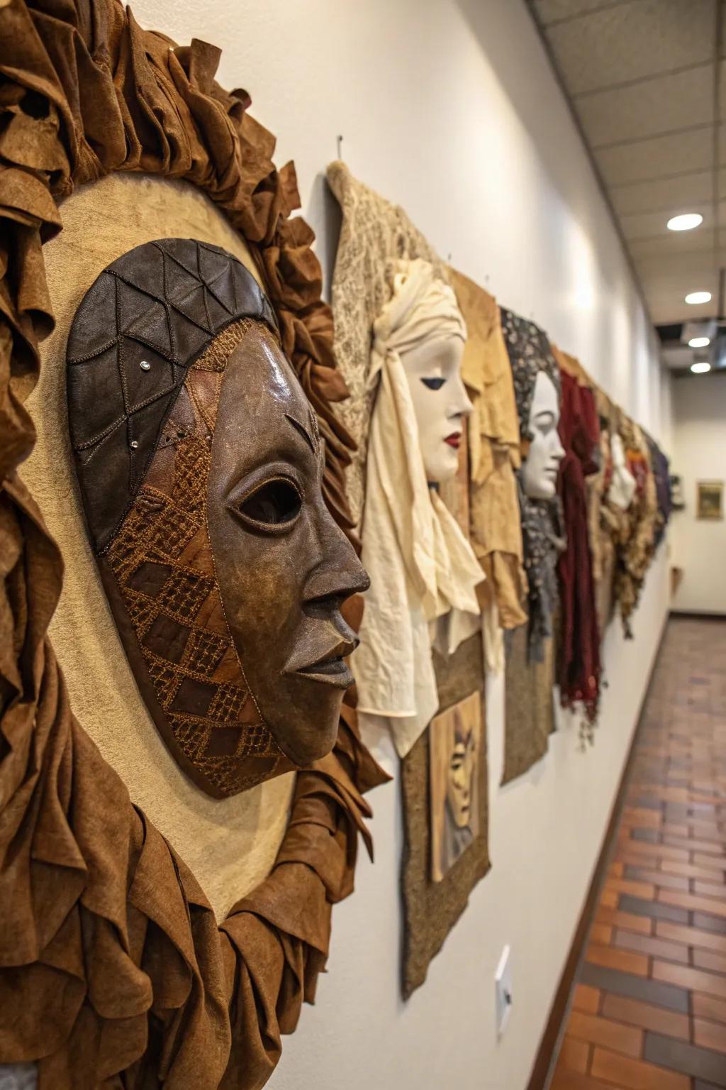 Layered textures in wall adornments create a visually and tactilely engaging wall.