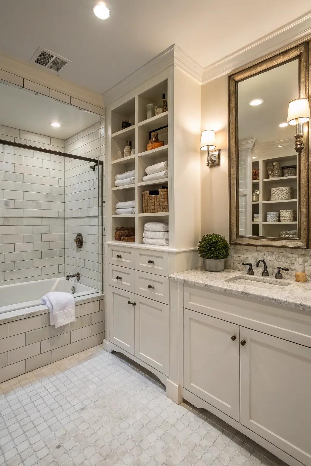 Built-in storage keeps this master bathroom tidy and organized without compromising style.