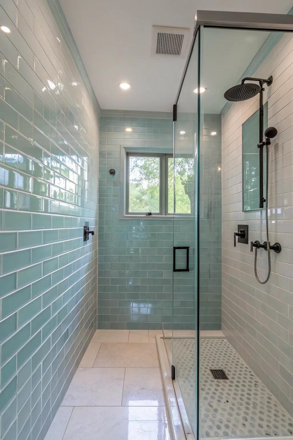 A shower presenting smooth crystal pavers, enhancing light and space.