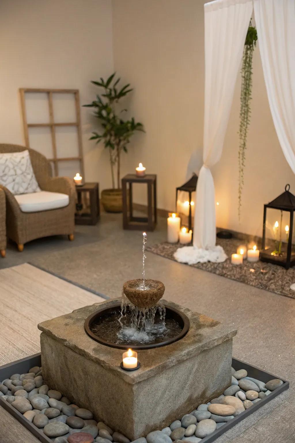 A meditation space showcasing a compact indoor water feature.