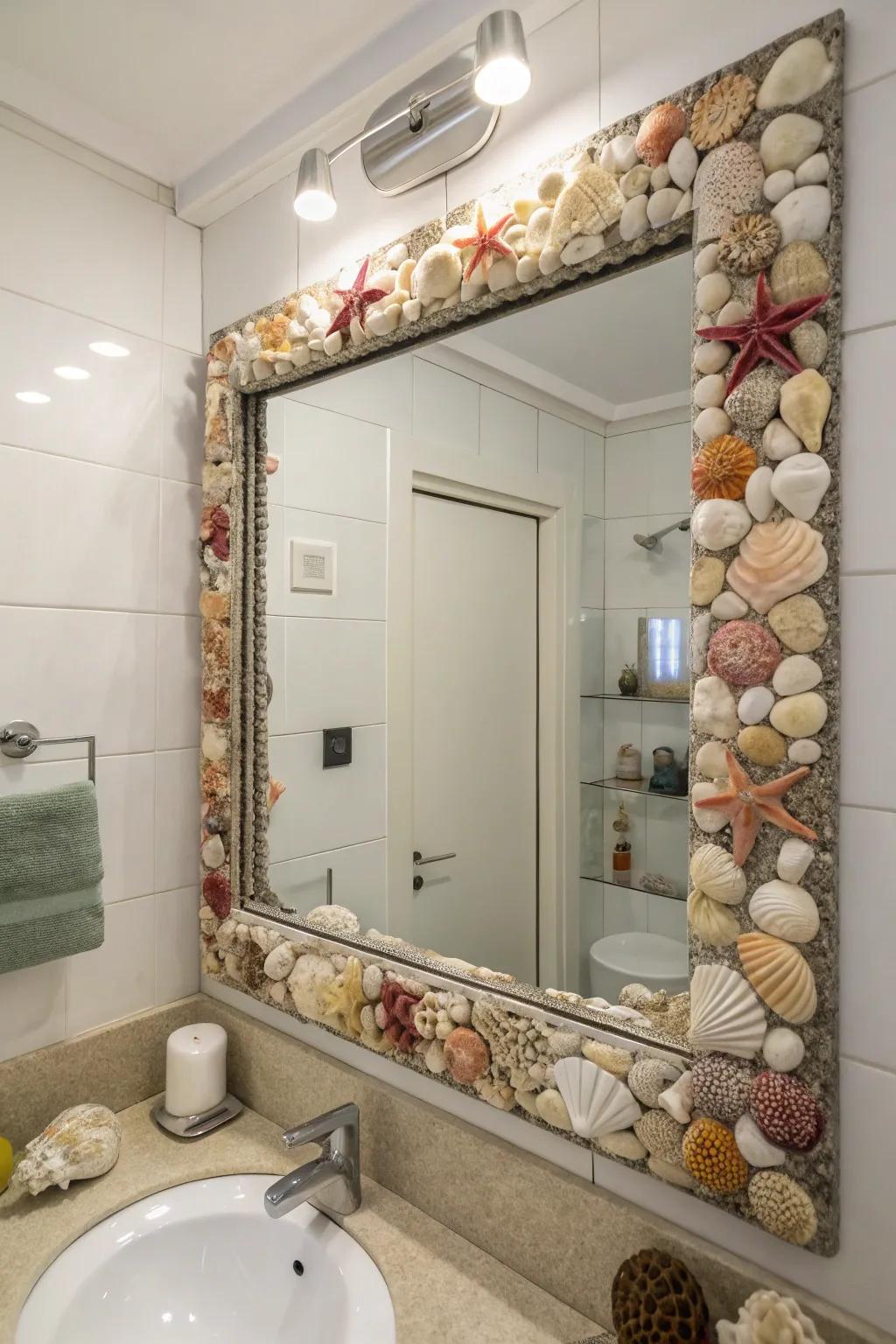 A shell-framed mirror contributes a handmade touch to the décor.