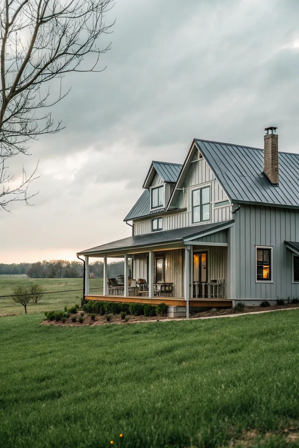 A rural farmhouse-style house beautifully incorporating modern metal cladding.