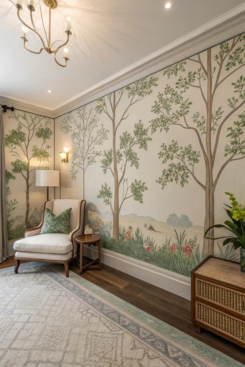 Serene room with nature-inspired mid-century wallpaper.