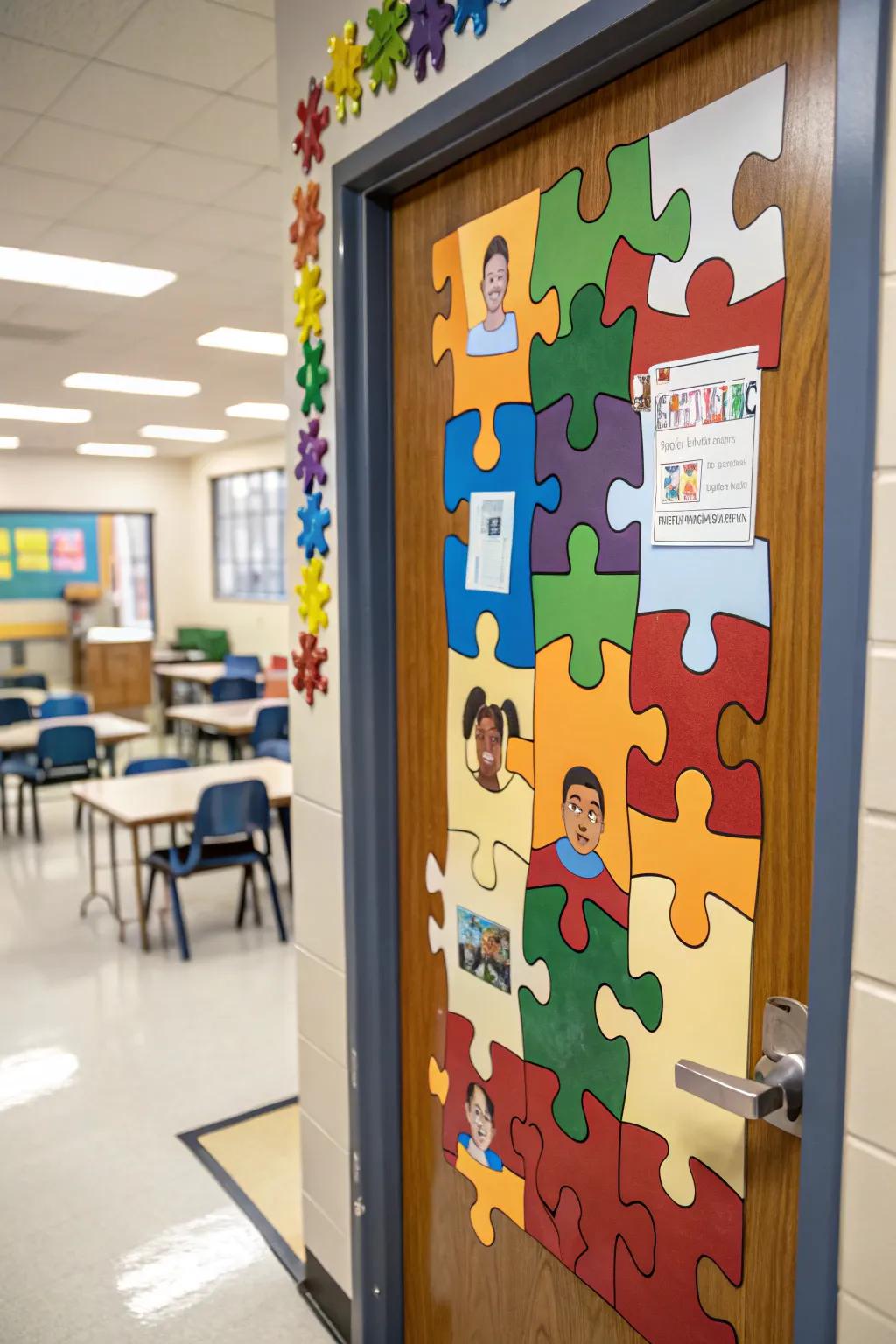 Puzzle pieces on a classroom door symbolizing unity and diversity.