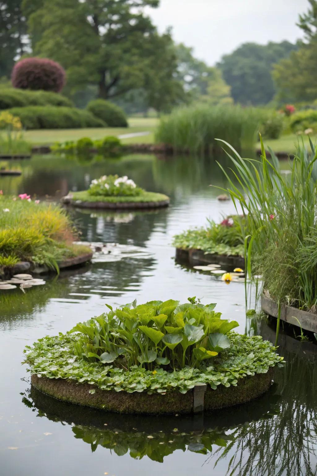 Drifting greenery patches make a mini pond more charming.